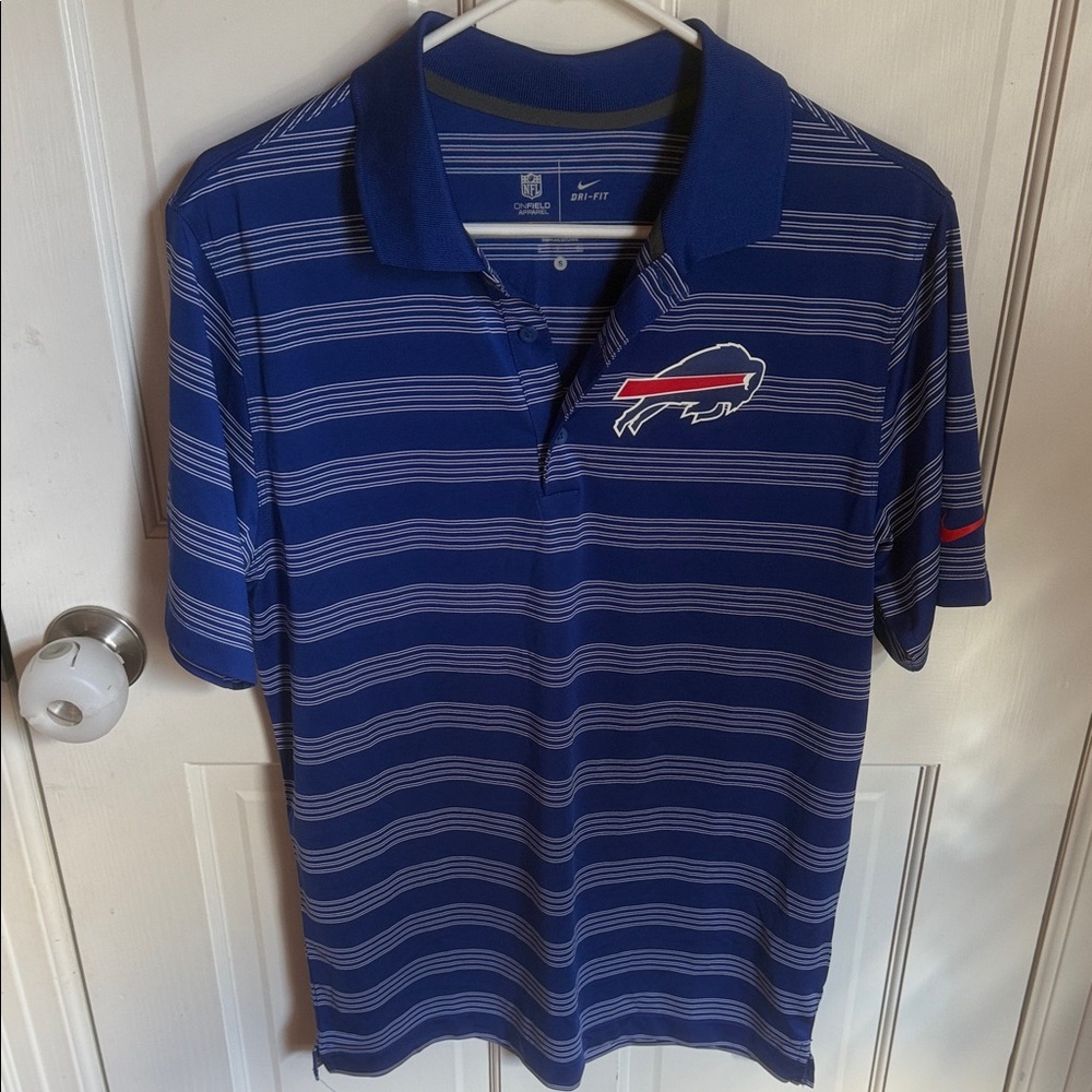 Nike Men's Blue and White Striped Buffalo bills NFL Polo Shirt SIZE SMALL